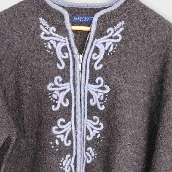 Vtg Karen Scott Wool Cardigan Sz XL Zip Front Grey Blue Embroidery Cottagecore 9 - Picture 9 of 11